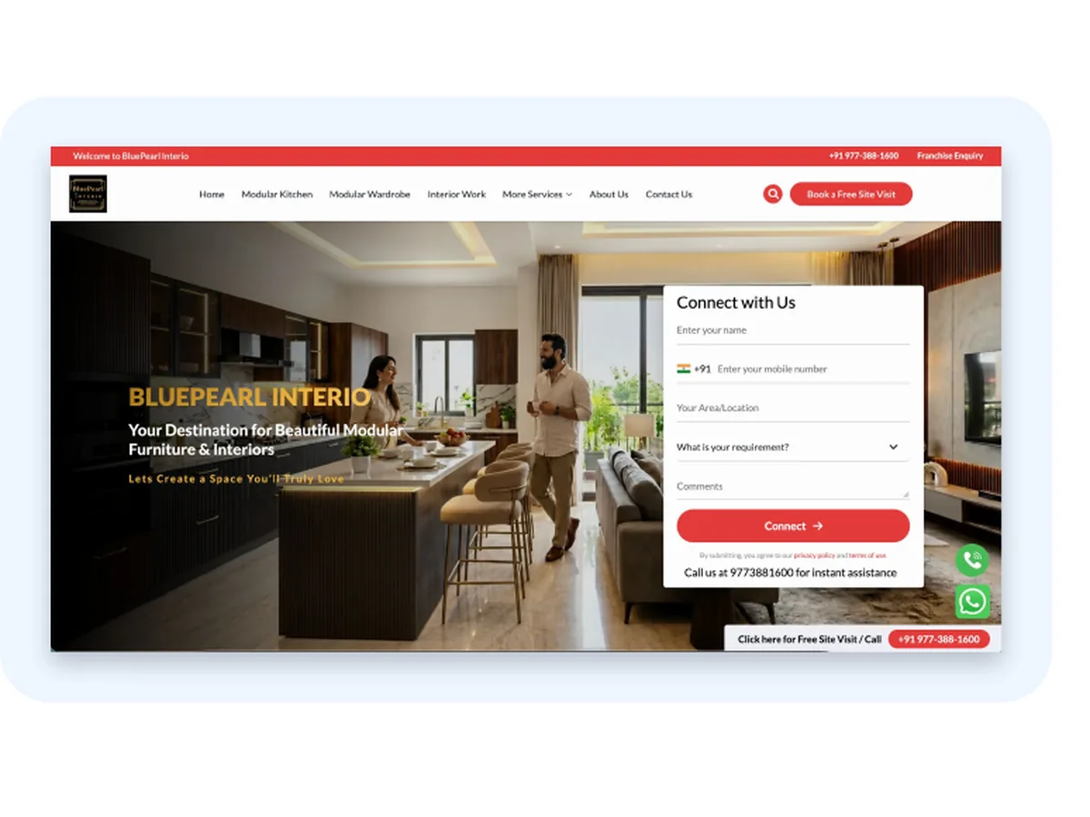 BluePearl Interio web portal shown in the supplied portfolio.