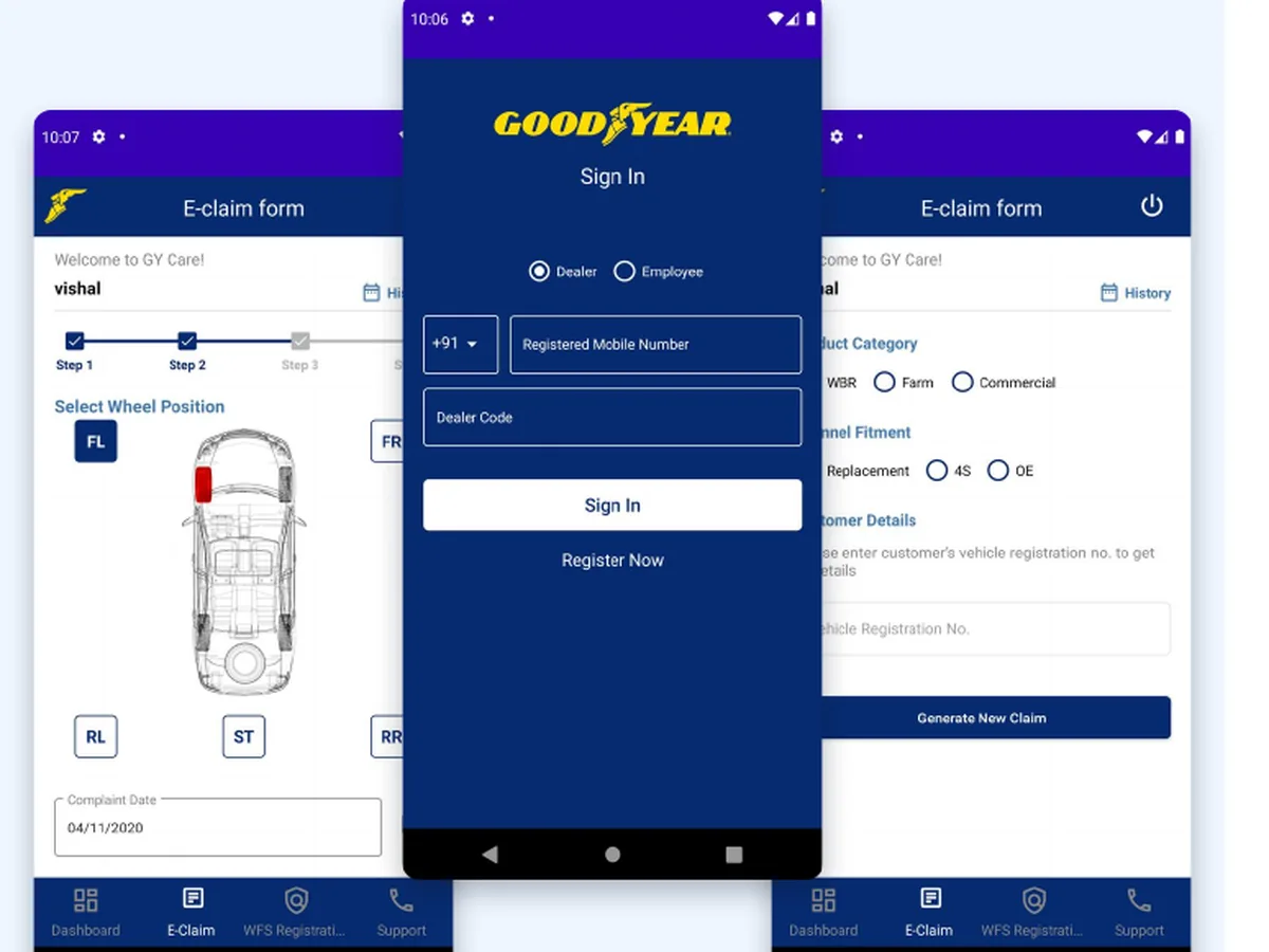 Product screens for the Goodyear Care mobile warranty and claims application, shown in the supplied portfolio.