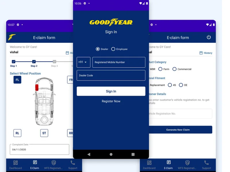 Product screens for the Goodyear Care mobile warranty and claims application, shown in the supplied portfolio.