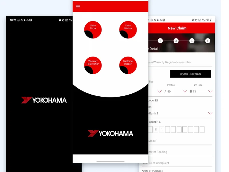 Screens from the Yokohama Smart Services mobile dealer and warranty application, shown in the supplied portfolio.